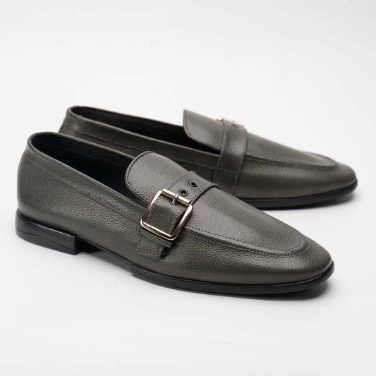 Single buckle leather loafers in olive for men — handmade, Upstreet Co
