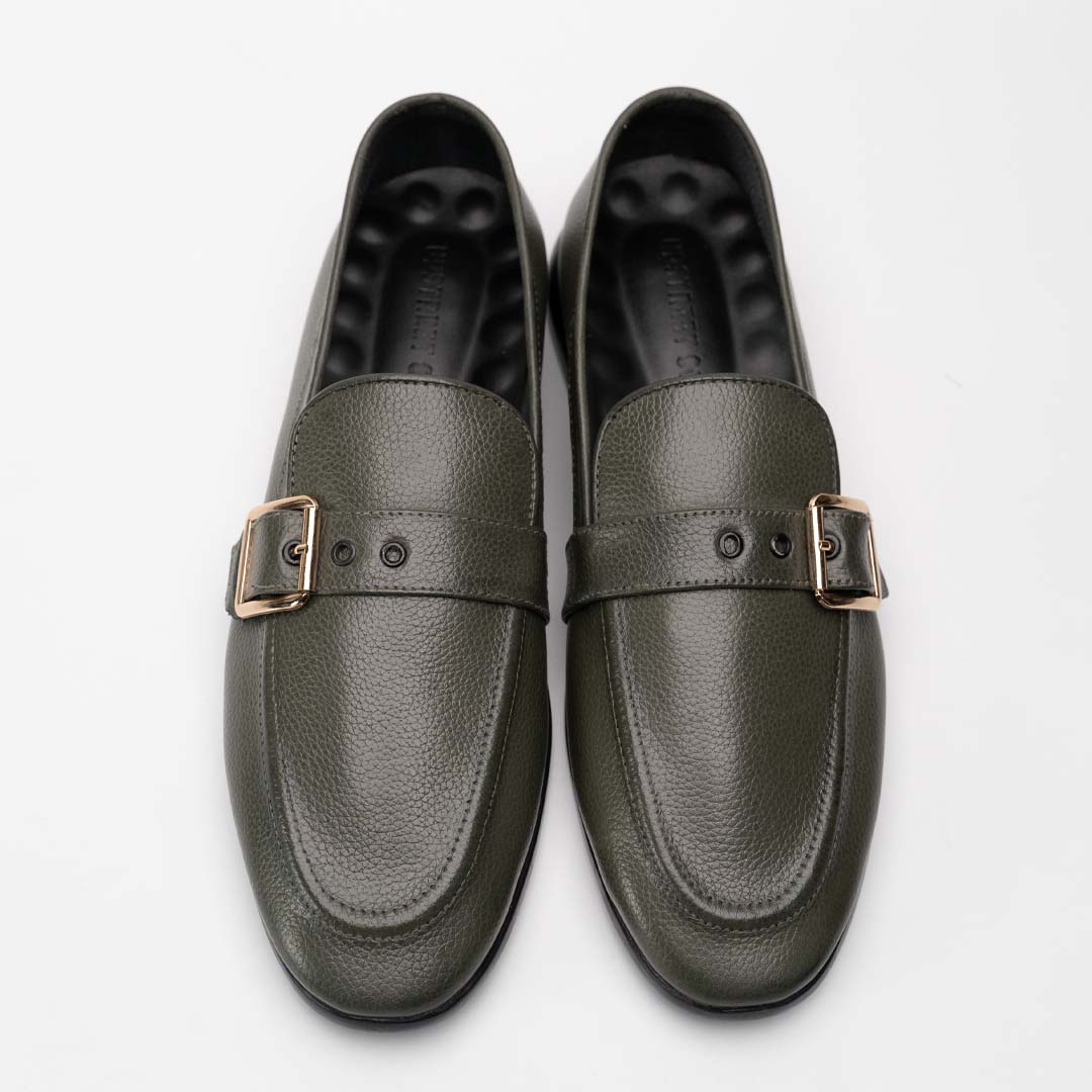 Single buckle leather loafers in olive for men — handmade, Upstreet Co