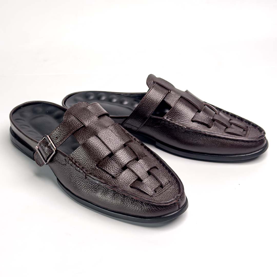 Knitted backless mule slippers in brown for men — handmade, Upstreet Co