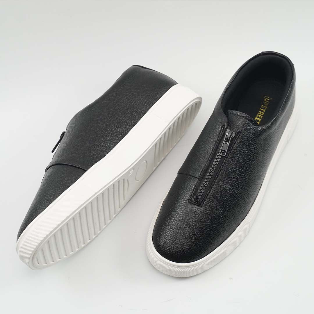 Black Slip-On Leather Sneakers for Men – Modern Zip Style- US0069