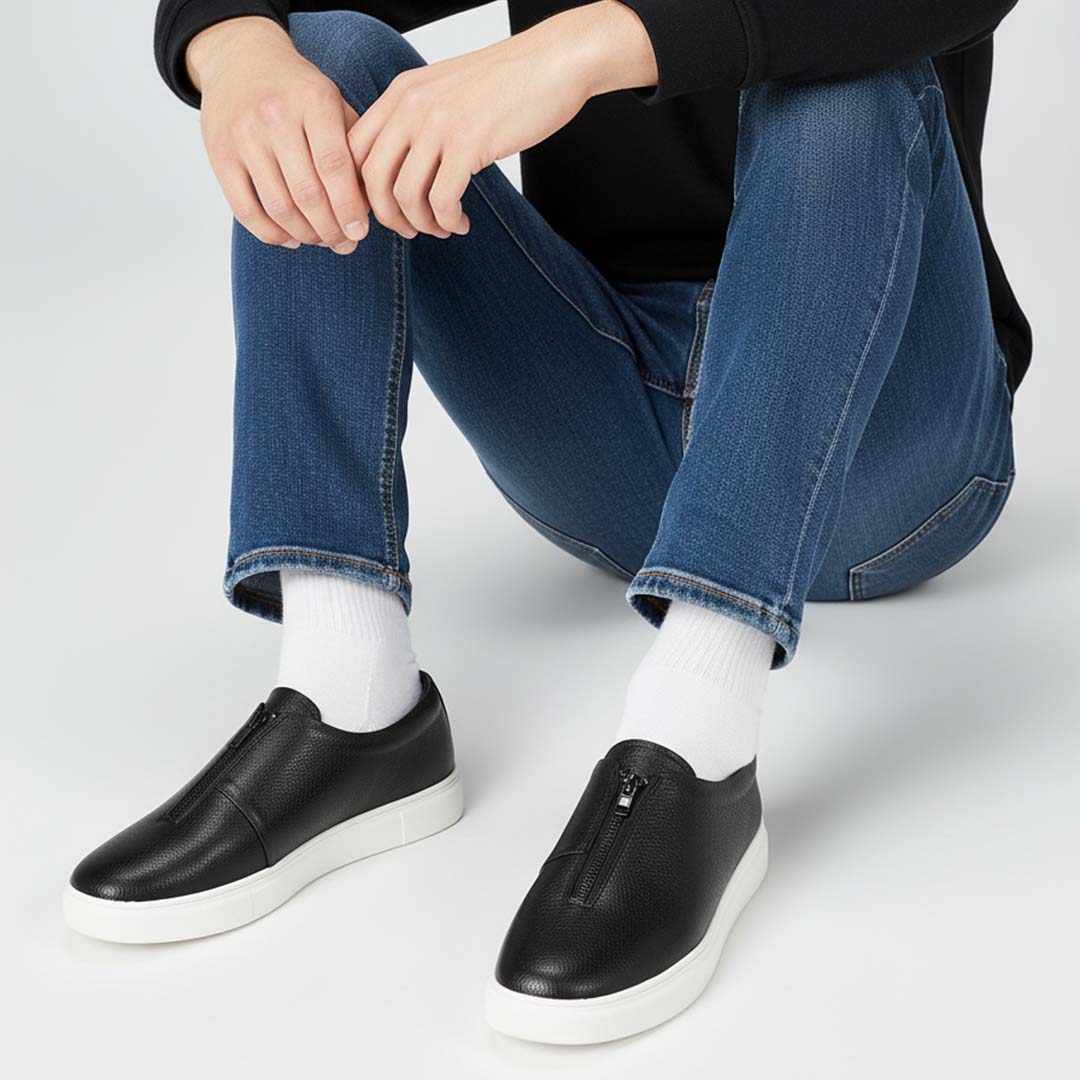 Black Slip-On Leather Sneakers for Men – Modern Zip Style- US0069
