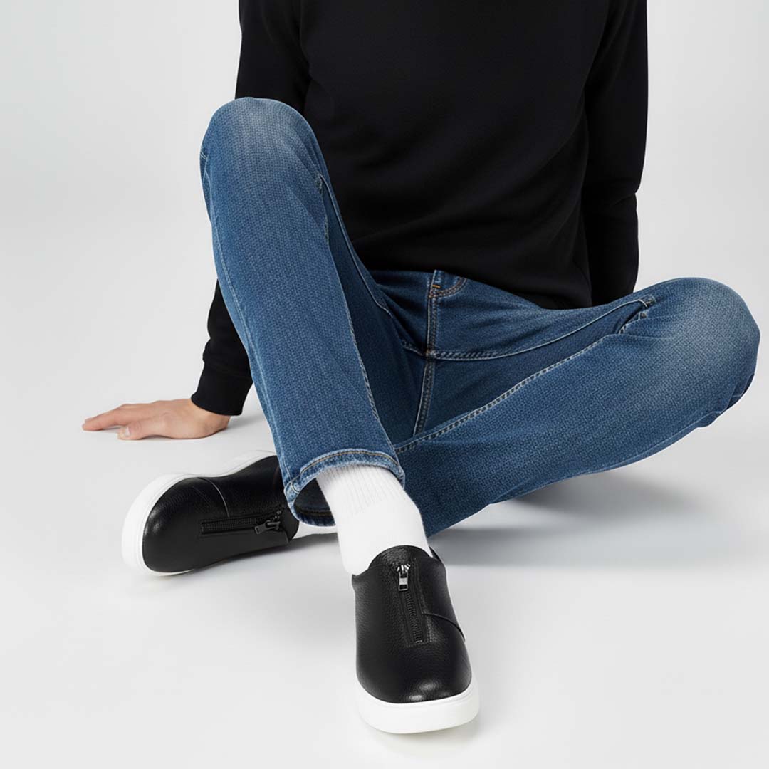 Black Slip-On Leather Sneakers for Men – Modern Zip Style- US0069