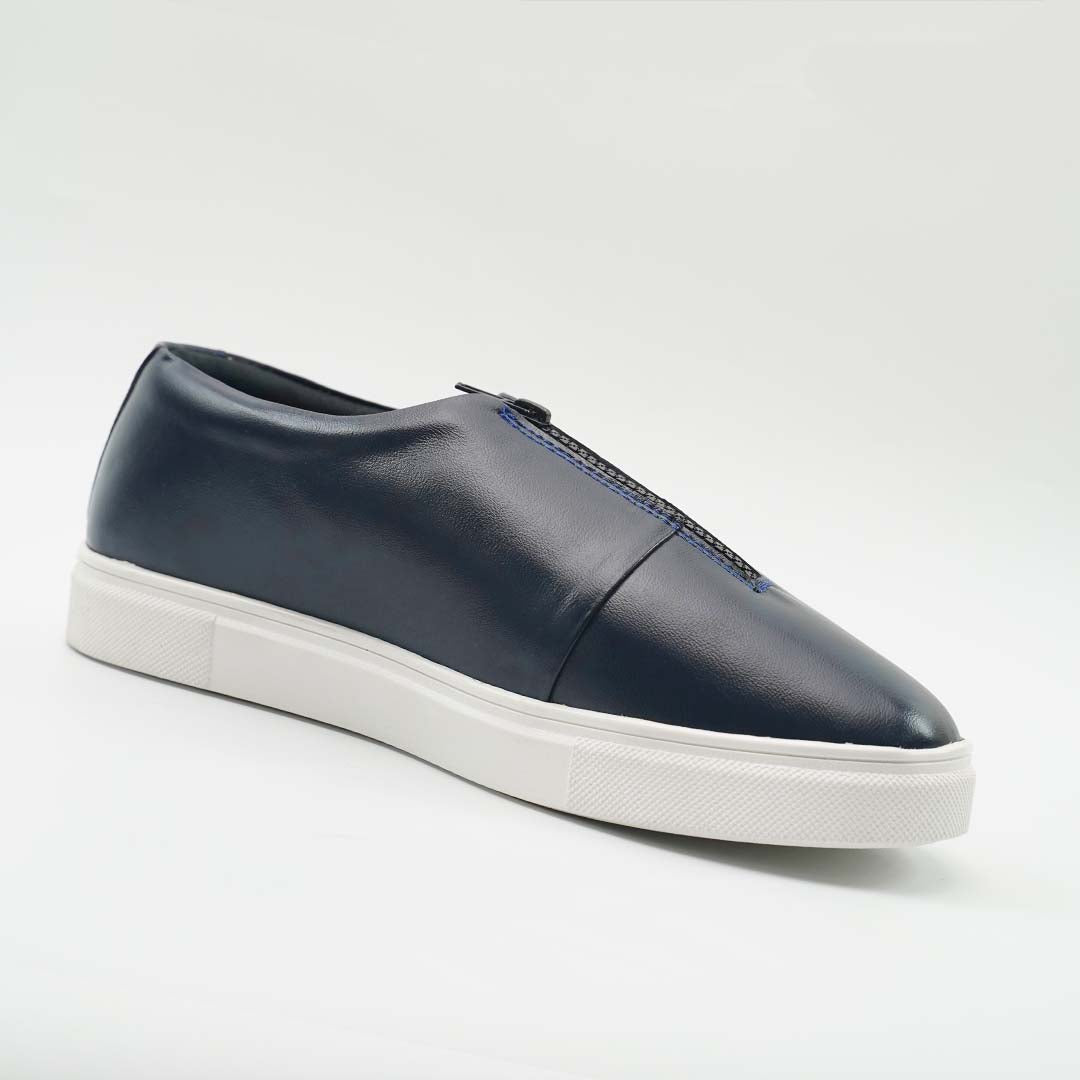 Navy Blue Slip-On Leather Sneakers – Handmade & Lightweight - US0070