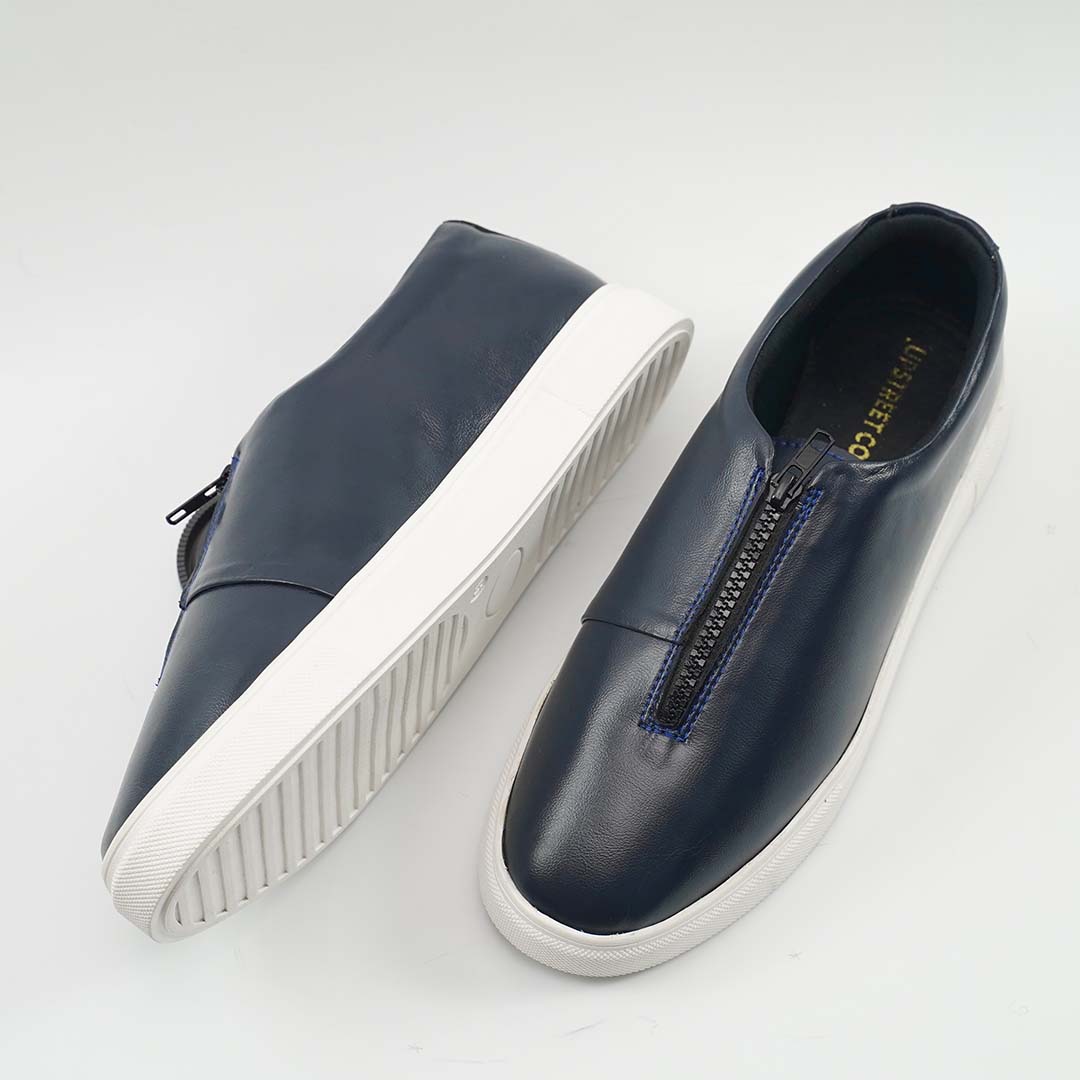 Navy Blue Slip-On Leather Sneakers – Handmade & Lightweight - US0070