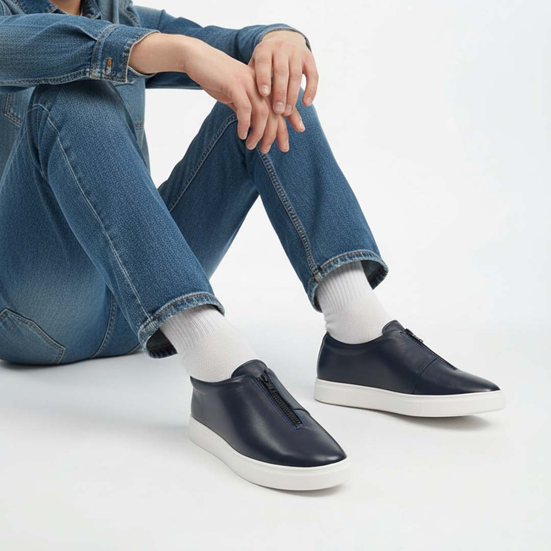 Navy Blue Slip-On Leather Sneakers – Handmade & Lightweight - US0070