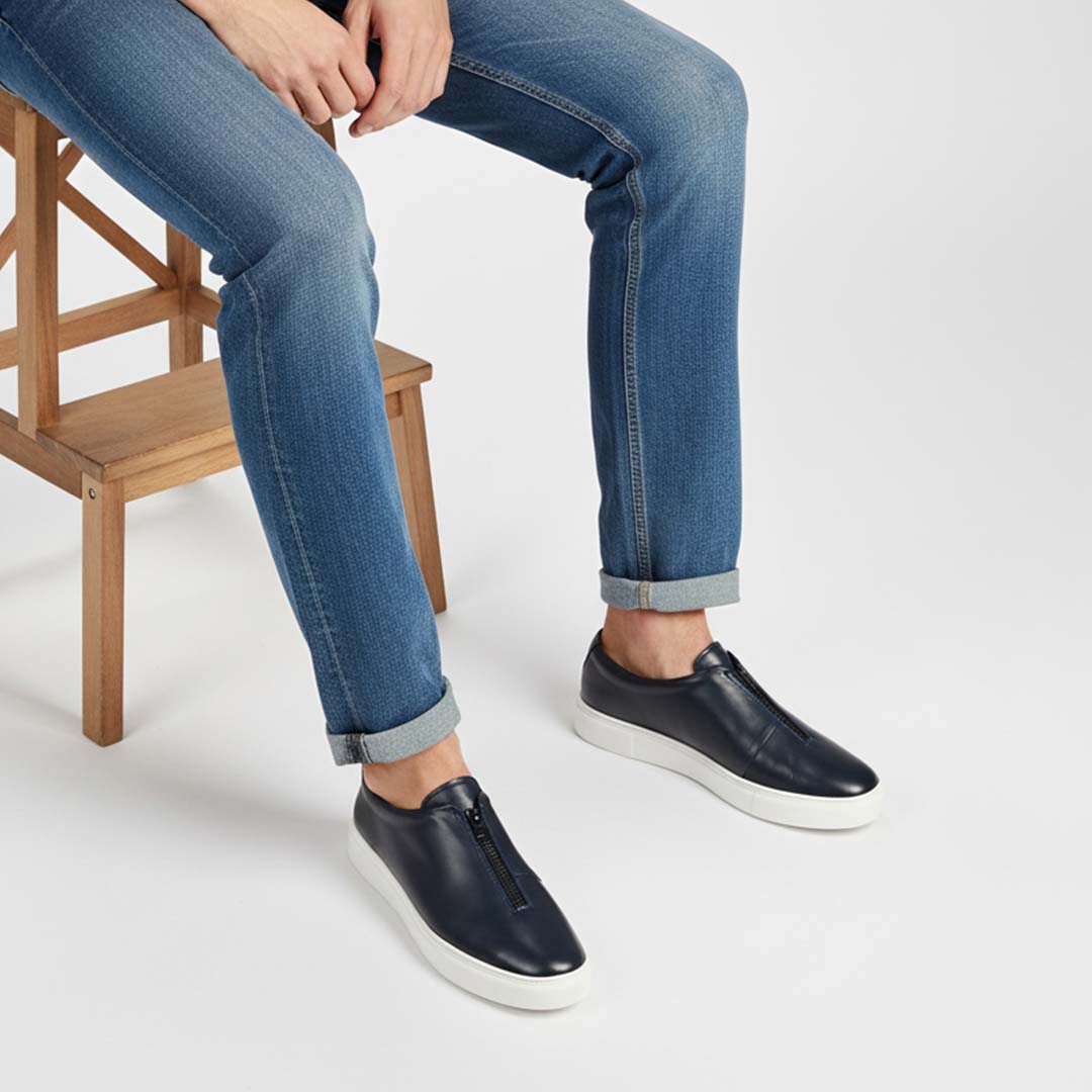 Navy Blue Slip-On Leather Sneakers – Handmade & Lightweight - US0070