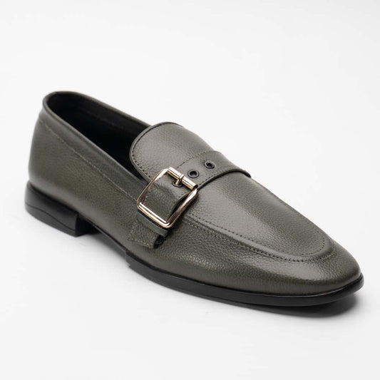 Single buckle leather loafers in olive for men — handmade, Upstreet Co