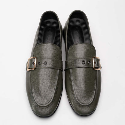 Single buckle leather loafers in olive for men — handmade, Upstreet Co