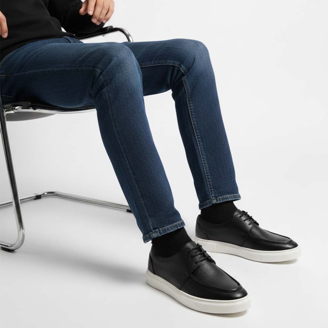 Men’s Black Leather Sneakers with White Sole – Premium Handmade Casual Shoes- 0066