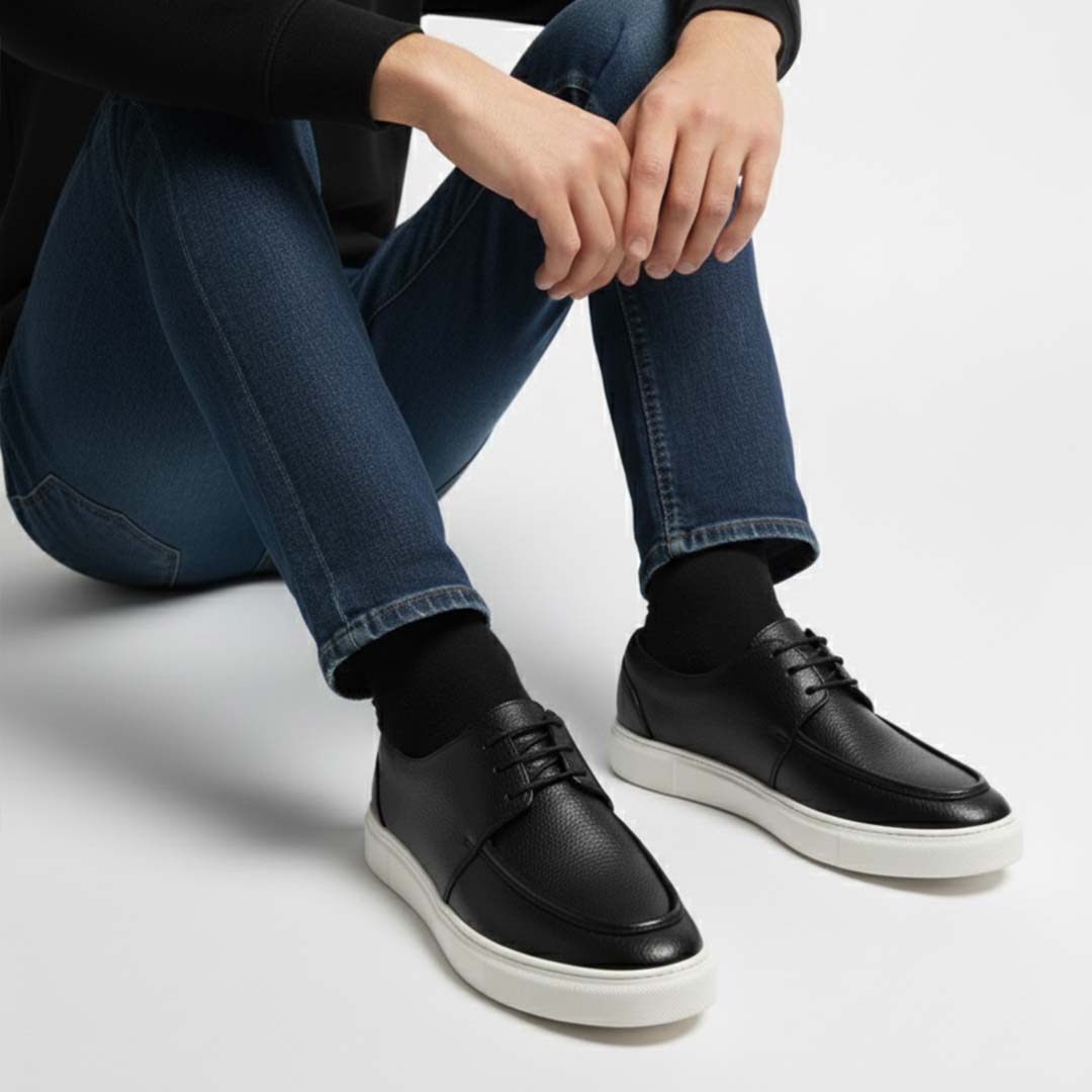 Men’s Black Leather Sneakers with White Sole – Premium Handmade Casual Shoes- 0066