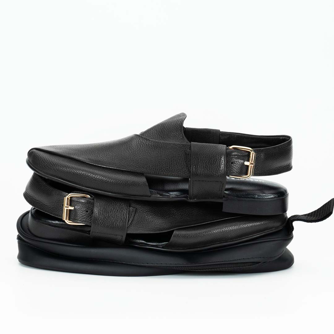 Foldable soft Peshawari chappal in black — travel-ready handmade leather, Upstreet Co