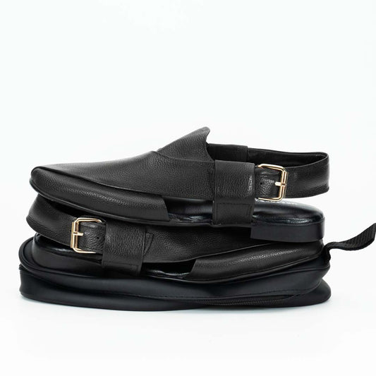 Foldable soft Peshawari chappal in black — travel-ready handmade leather, Upstreet Co