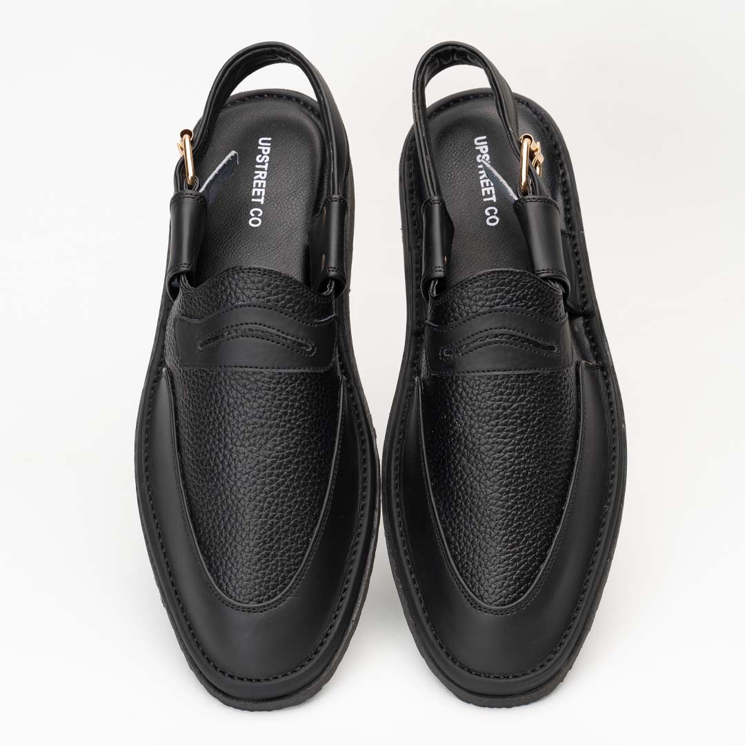 Penny strap Peshawari chappal in black — handmade pure leather, Upstreet Co