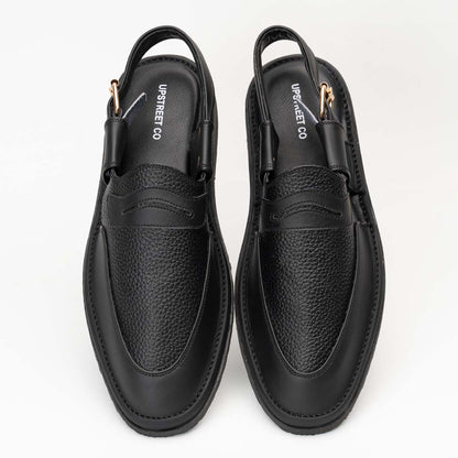Penny strap Peshawari chappal in black — handmade pure leather, Upstreet Co