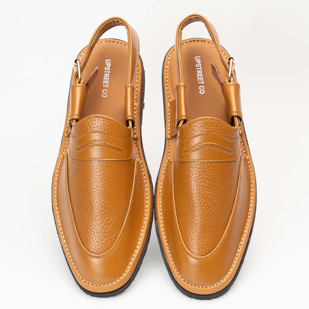 Penny strap Peshawari chappal in camel — handmade pure leather, Upstreet Co