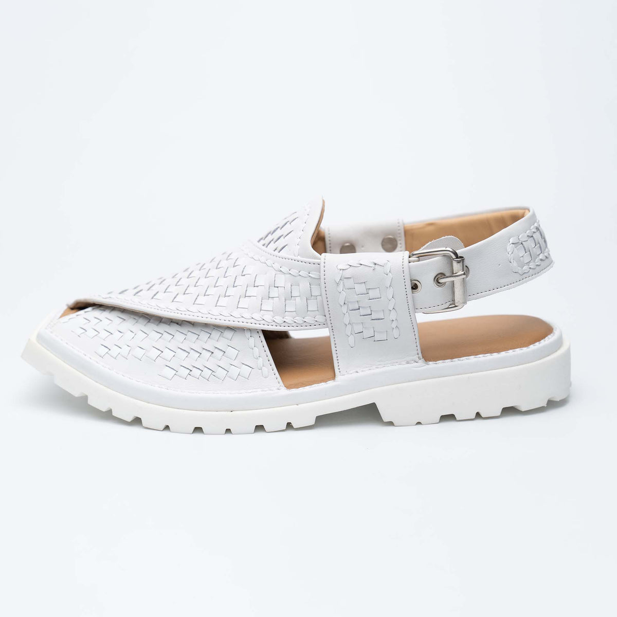 White knitted Kaptan chappal — handmade leather, Upstreet Co