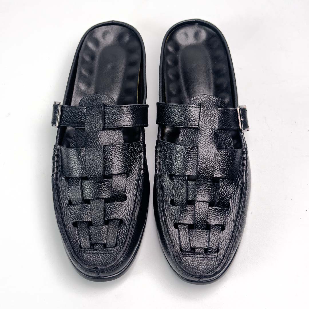 Knitted backless mule slippers in black for men — handmade, Upstreet Co