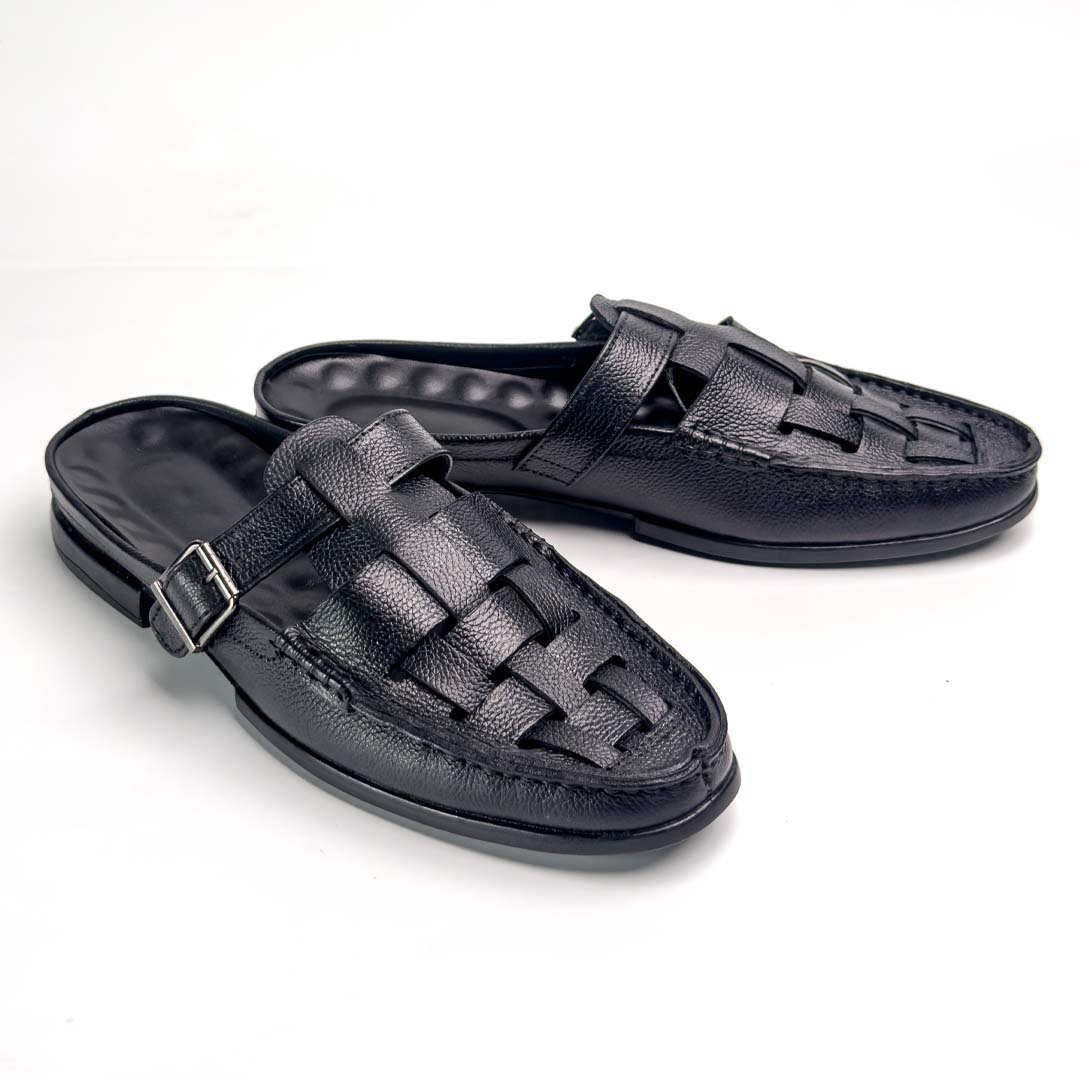Knitted backless mule slippers in black for men — handmade, Upstreet Co