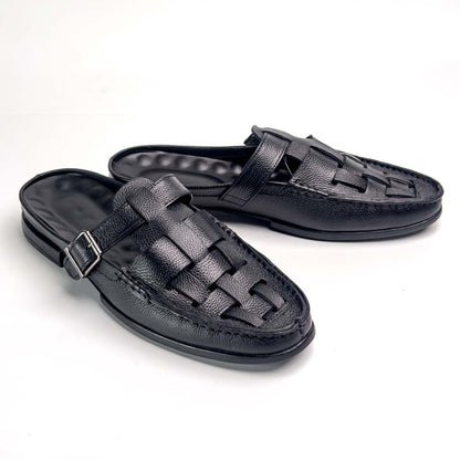 Knitted backless mule slippers in black for men — handmade, Upstreet Co