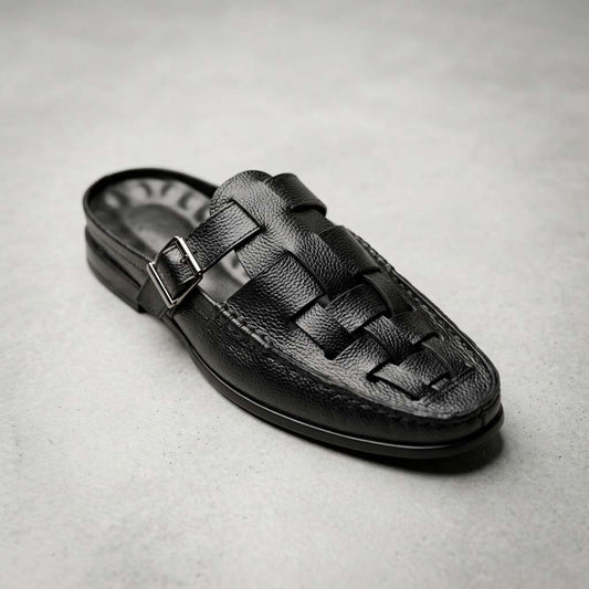 Knitted backless mule slippers in black for men — handmade, Upstreet Co