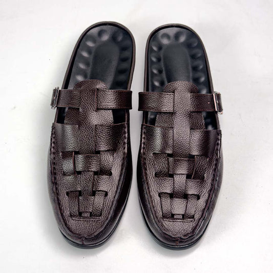 Knitted backless mule slippers in brown for men — handmade, Upstreet Co