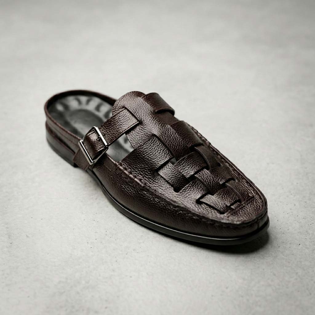 Knitted backless mule slippers in brown for men — handmade, Upstreet Co