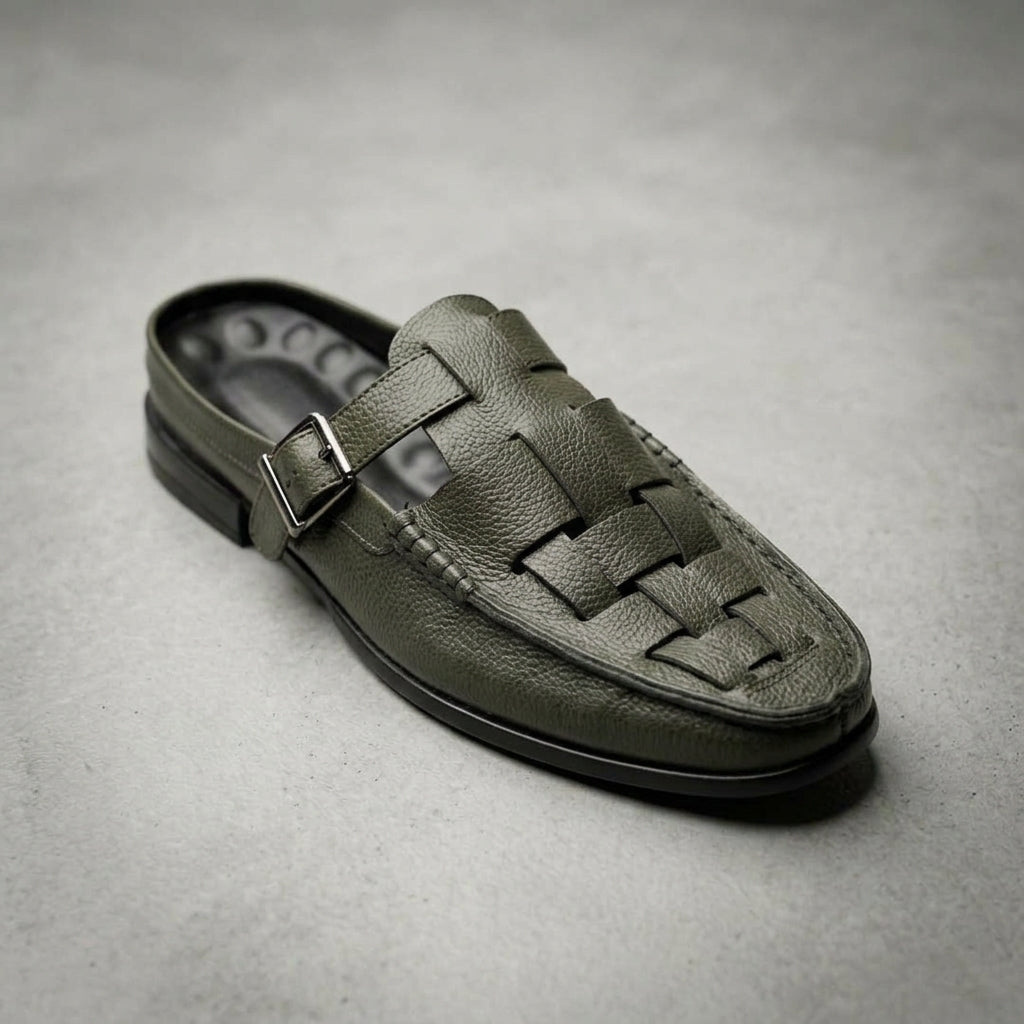 Knitted backless mule slippers in olive for men — handmade, Upstreet Co
