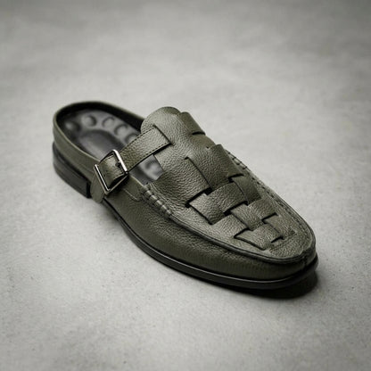 Knitted backless mule slippers in olive for men — handmade, Upstreet Co