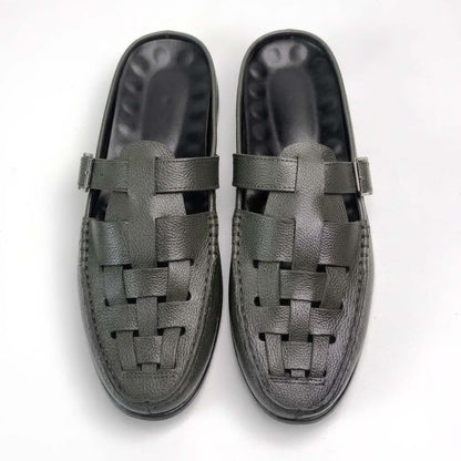 Knitted backless mule slippers in olive for men — handmade, Upstreet Co