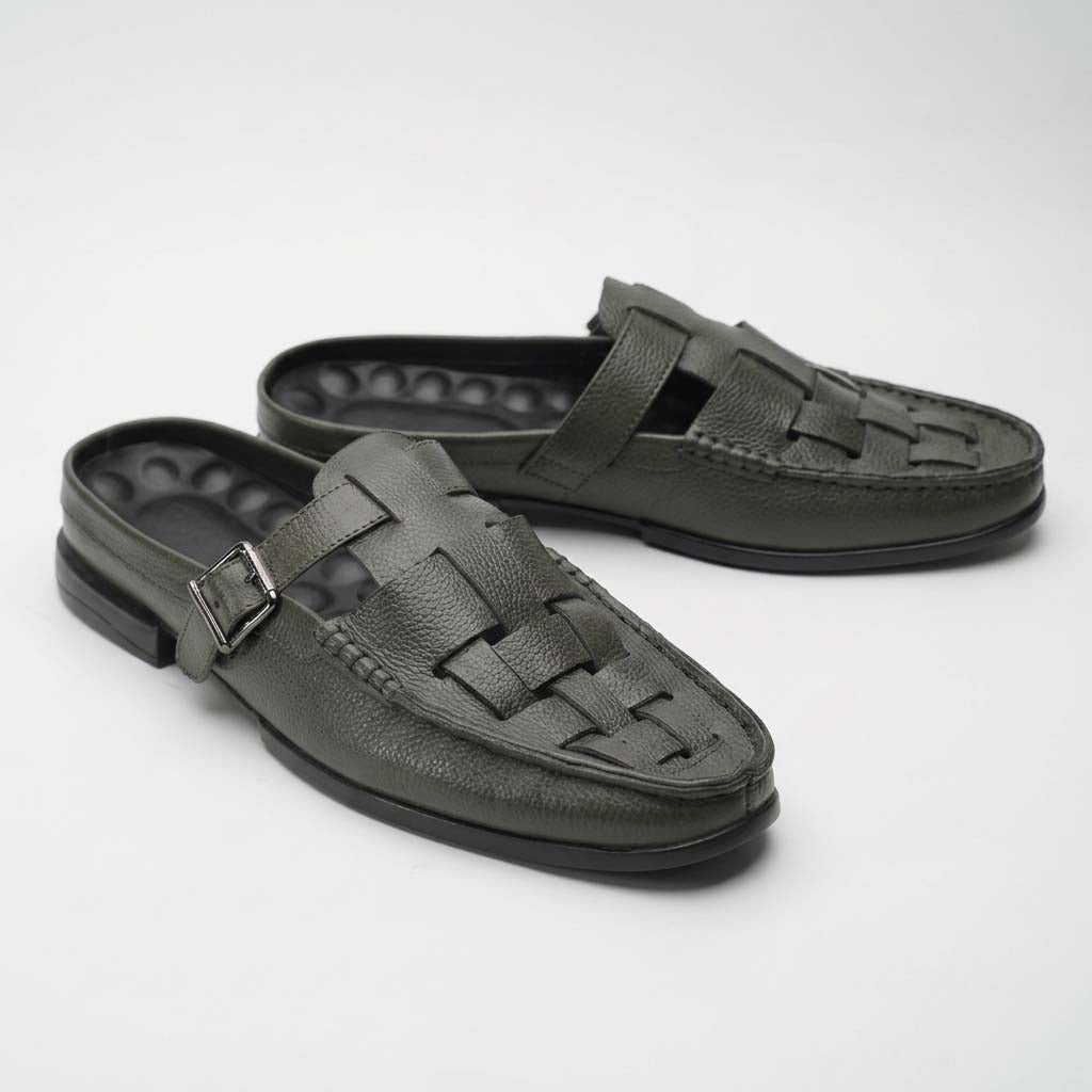 Knitted backless mule slippers in olive for men — handmade, Upstreet Co