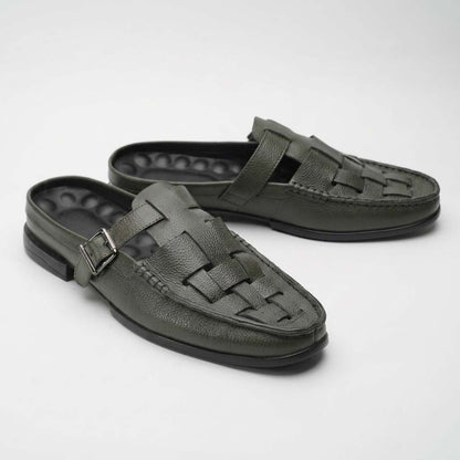 Knitted backless mule slippers in olive for men — handmade, Upstreet Co